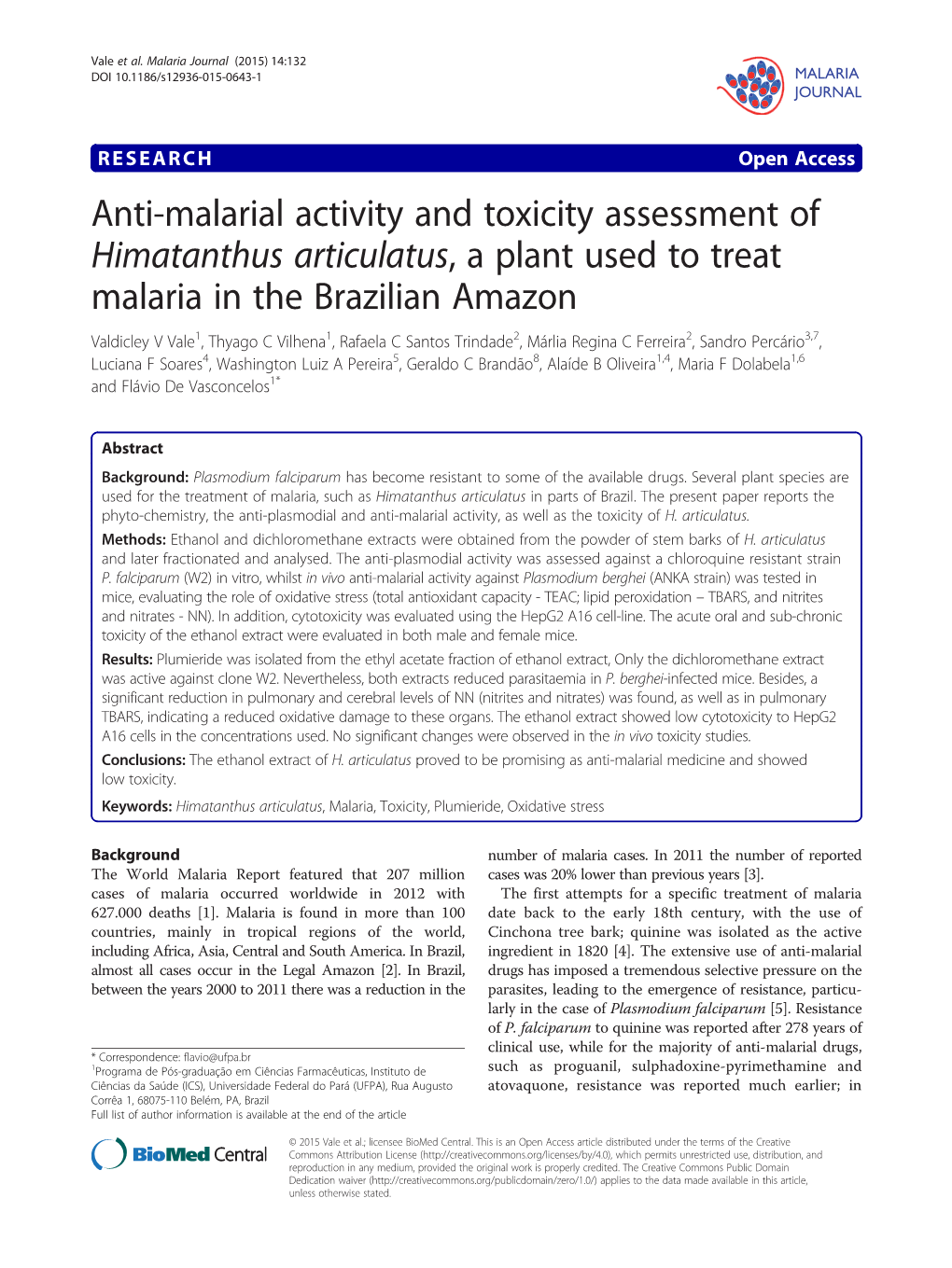 Anti-Malarial Activity and Toxicity Assessment of Himatanthus