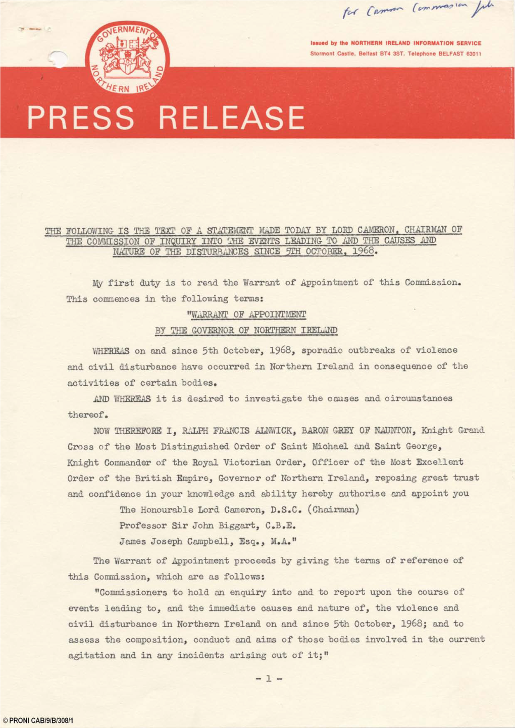 (1 April 1969), Statement by Lord Cameron, Chairman of The