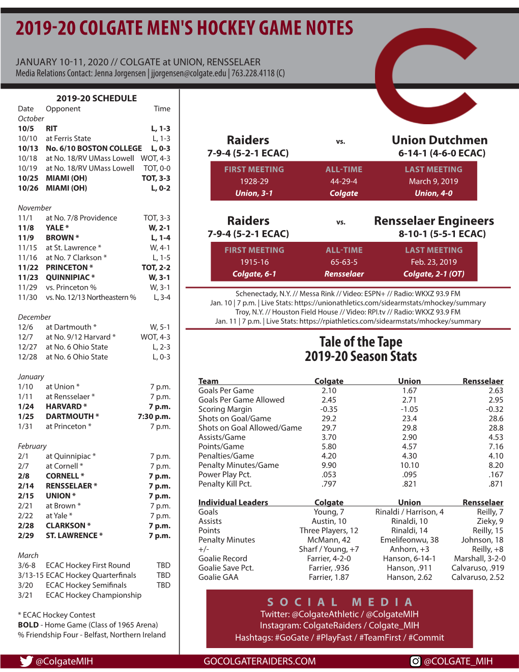 2019-20 Colgate Men's Hockey Game Notes