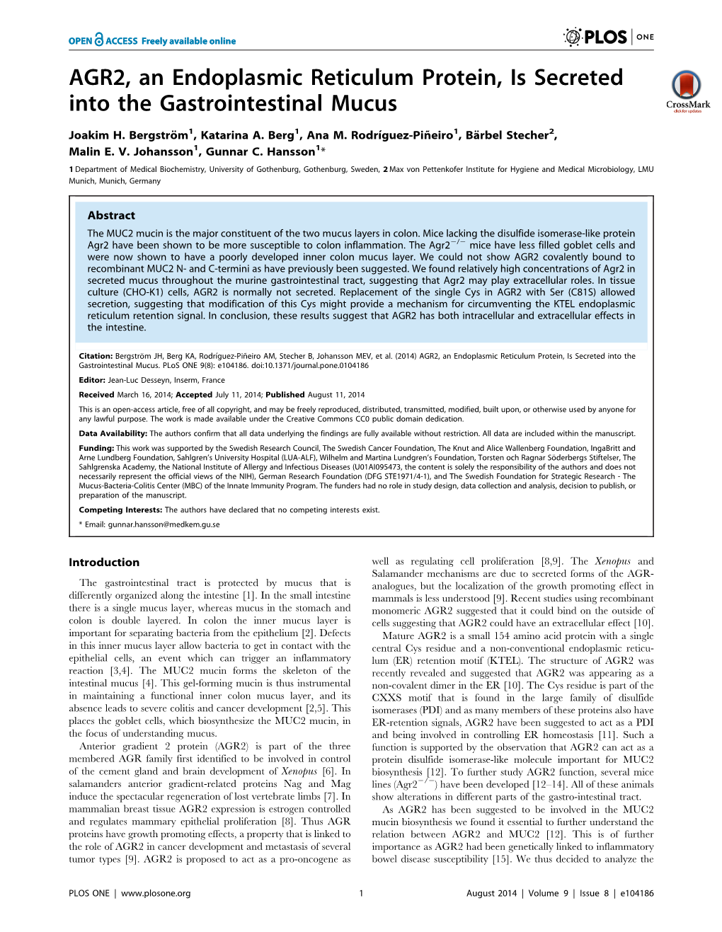 AGR2, an Endoplasmic Reticulum Protein, Is Secreted Into the Gastrointestinal Mucus