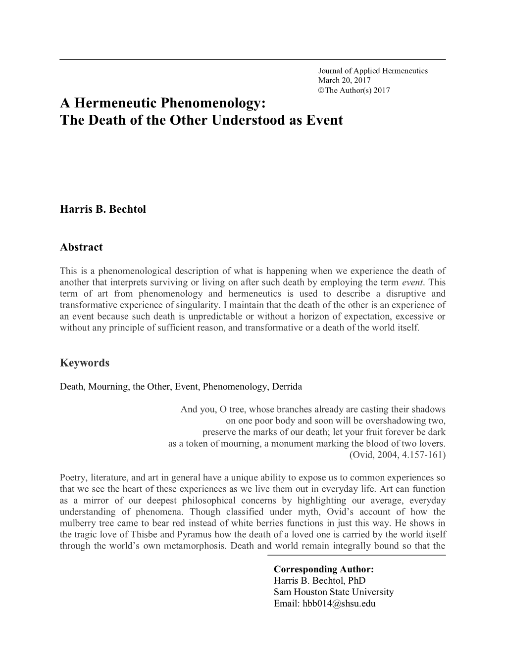 A Hermeneutic Phenomenology: the Death of the Other Understood As Event