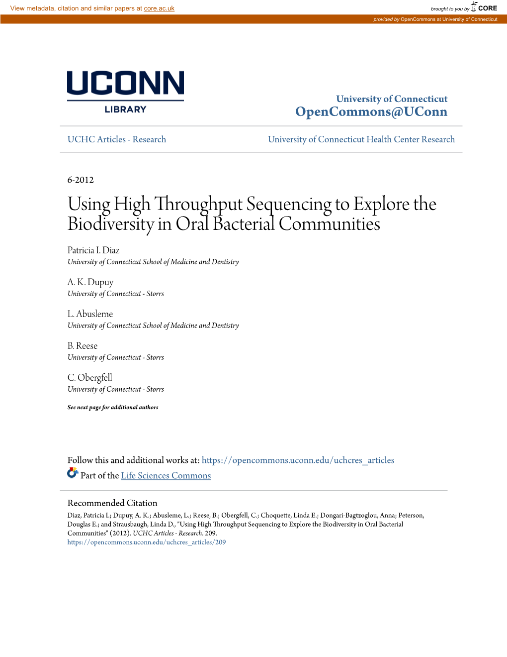 Using High Throughput Sequencing to Explore the Biodiversity in Oral Bacterial Communities Patricia I