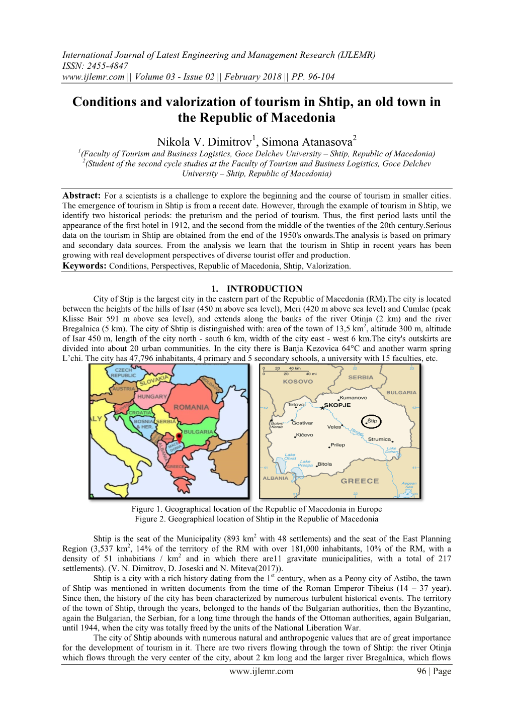 Conditions and Valorization of Tourism in Shtip, an Old Town in the Republic of Macedonia