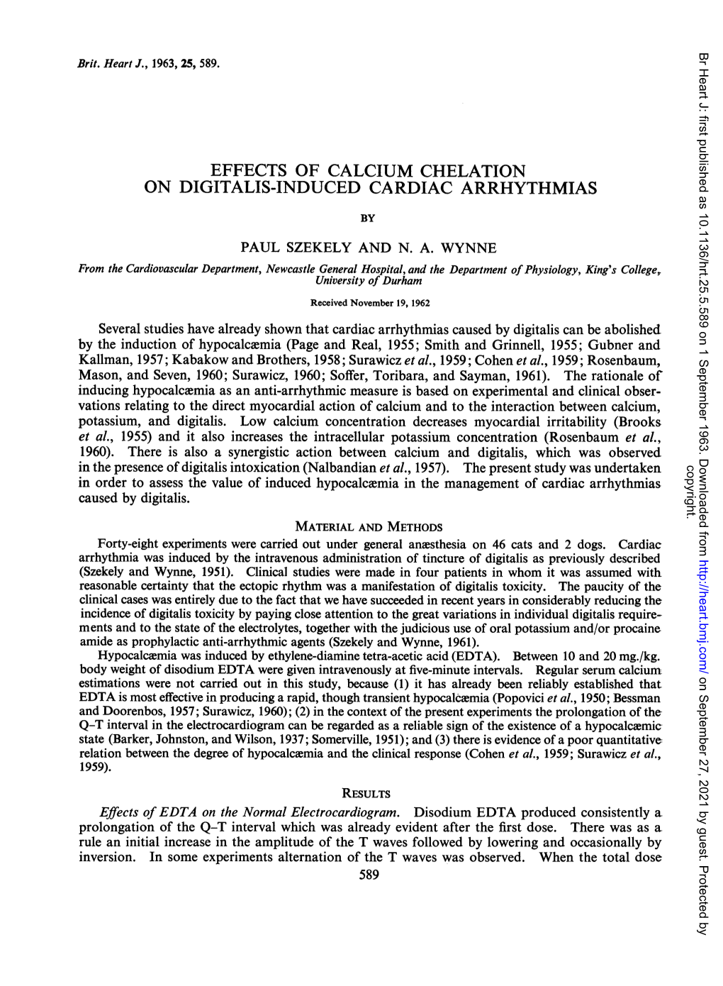 Effects of Calcium Chelation on Digitalis-Induced Cardiac Arrhythmias by Paul Szekely and N