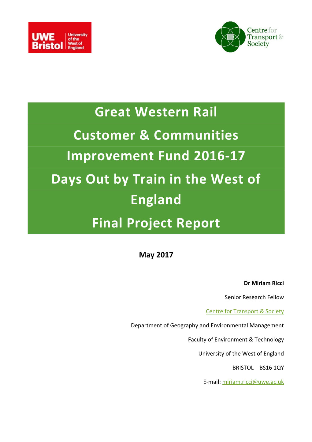 Days out by Train in the West of England Final Project Report