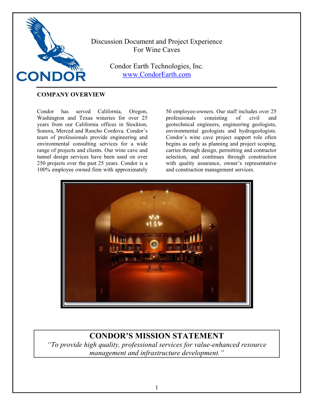 Discussion Document and Project Experience for Wine Caves Condor Earth Technologies, Inc