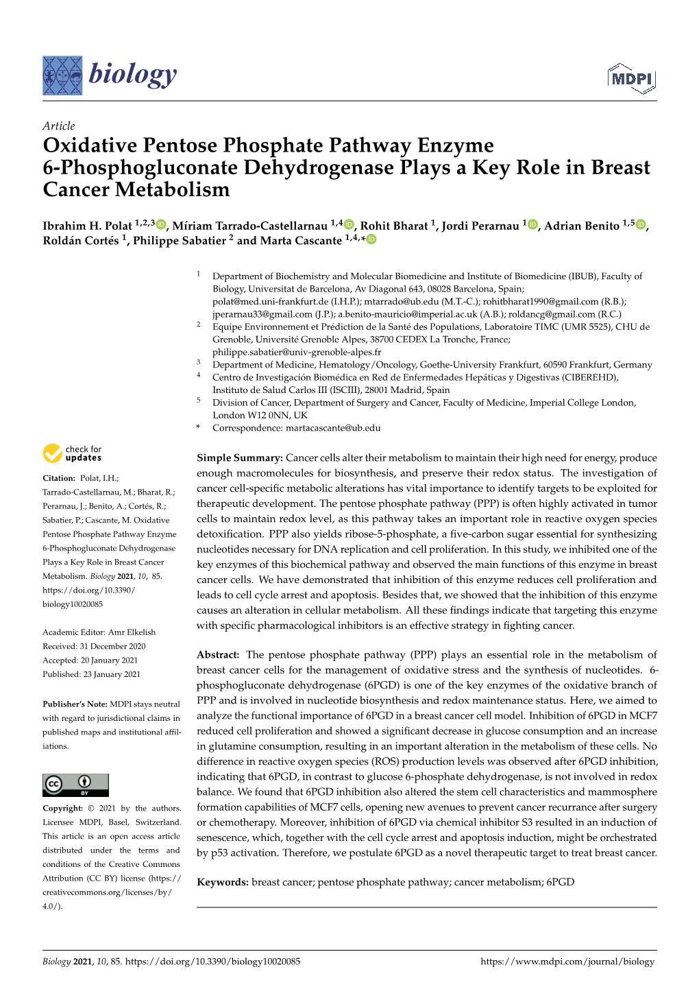 Oxidative Pentose Phosphate Pathway Enzyme 6-Phosphogluconate Dehydrogenase Plays a Key Role in Breast Cancer Metabolism