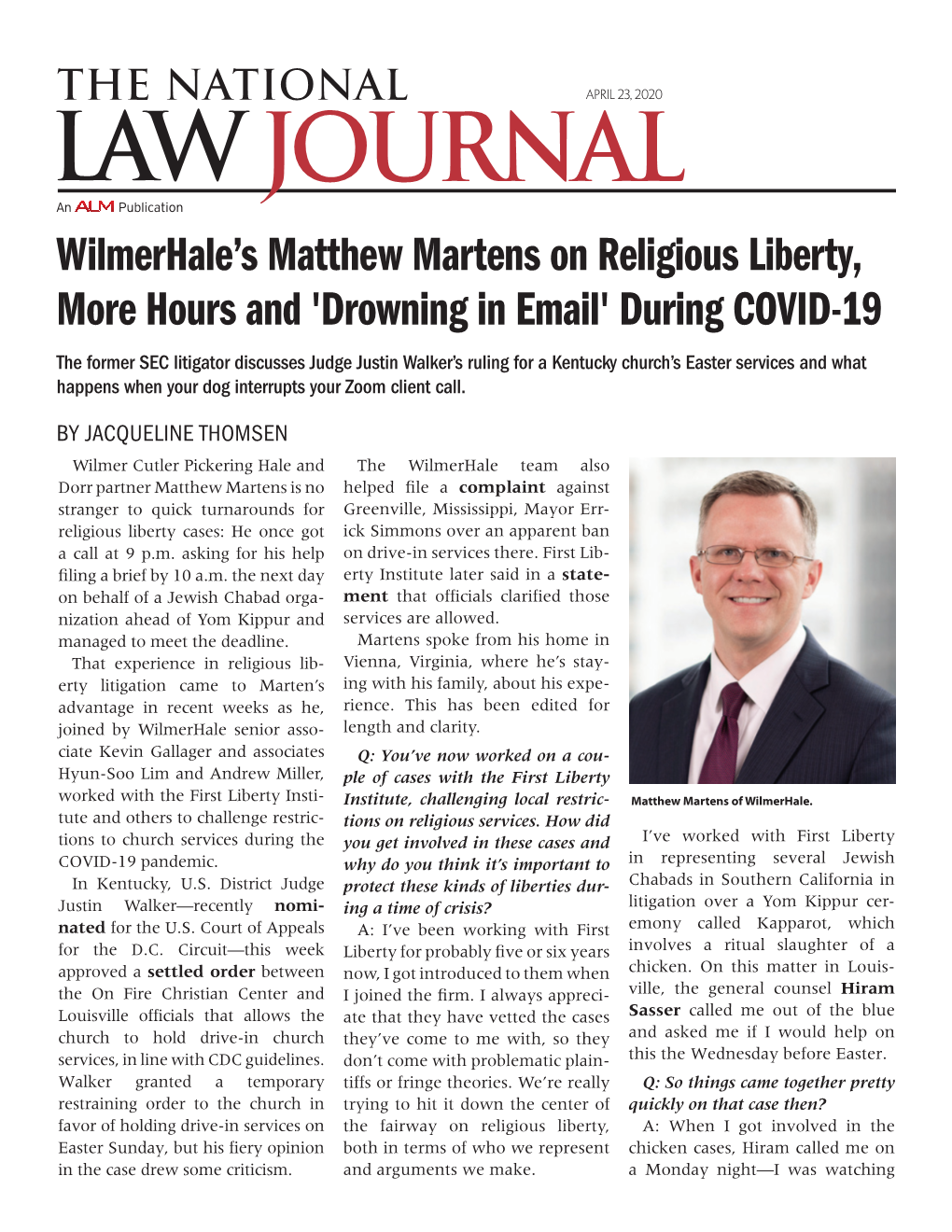 Wilmerhale's Matthew Martens on Religious Liberty, More Hours and 'Drowning in Email' During COVID-19