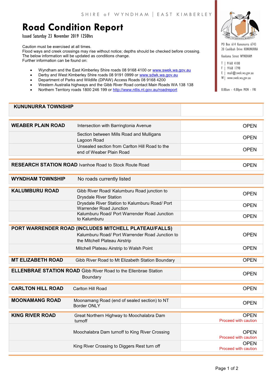 Road Condition Report Issued Saturday 23 November 2019 1250Hrs