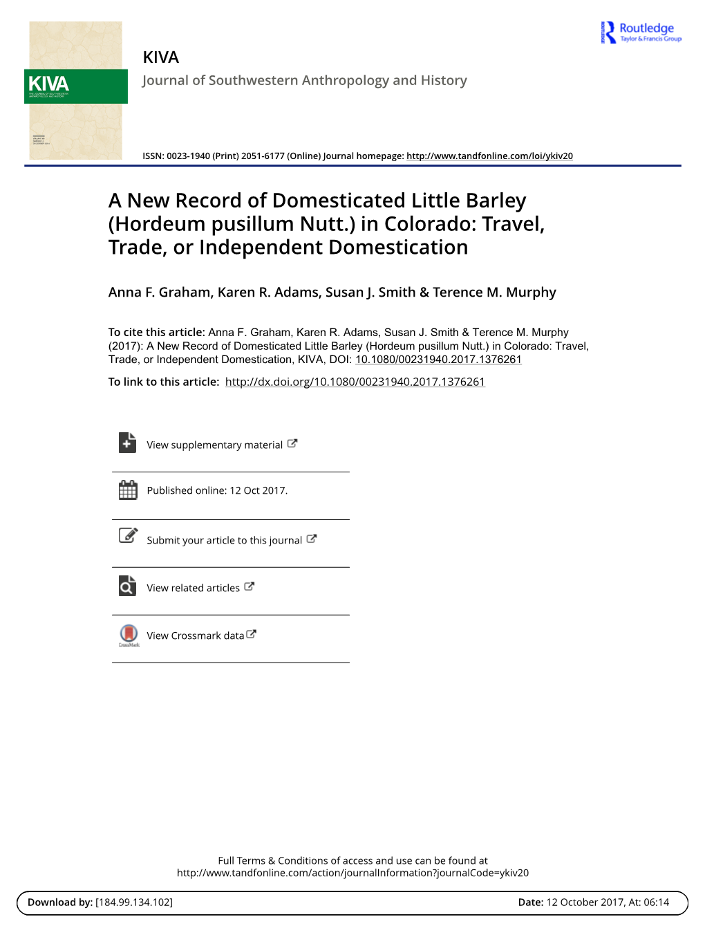 A New Record of Domesticated Little Barley (Hordeum Pusillum Nutt.) in Colorado: Travel, Trade, Or Independent Domestication