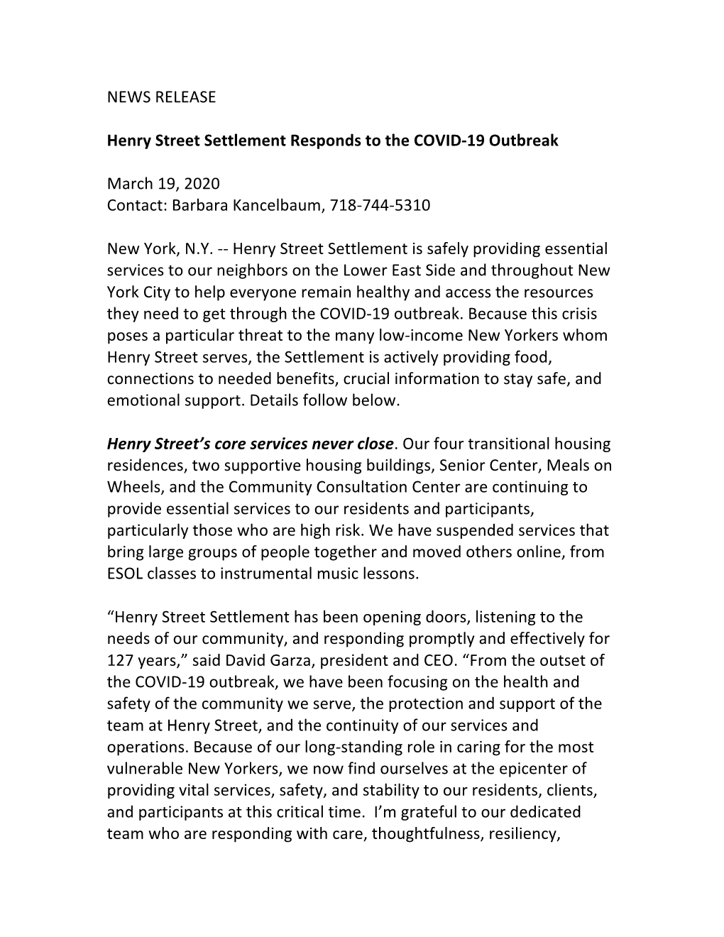 NEWS RELEASE Henry Street Settlement Responds to the COVID