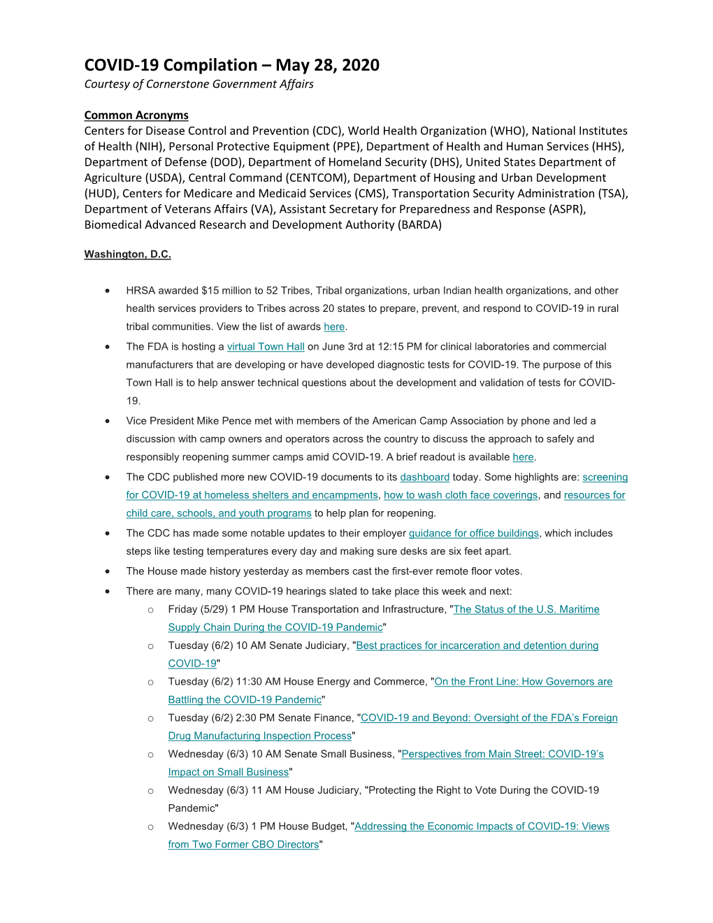 COVID-19 Compilation – May 28, 2020 Courtesy of Cornerstone Government Affairs