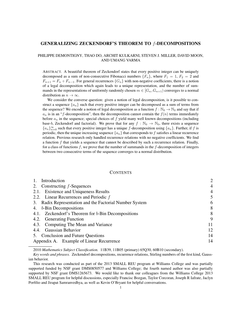 Generalizing Zeckendorf's Theorem to F-Decompositions