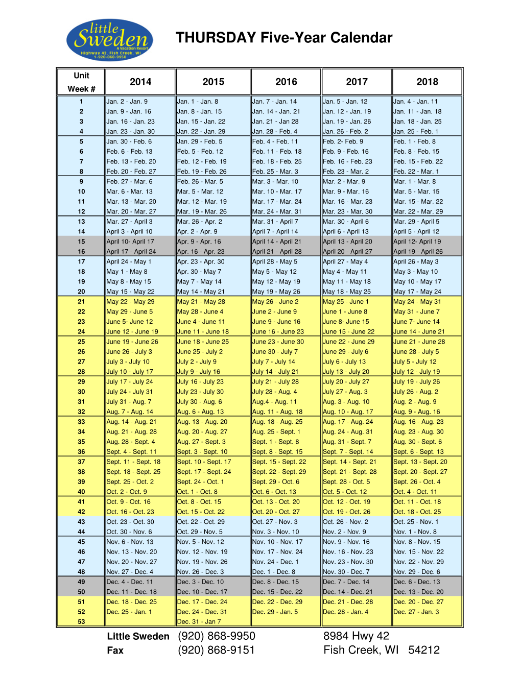 Thursday Calendar 20142018