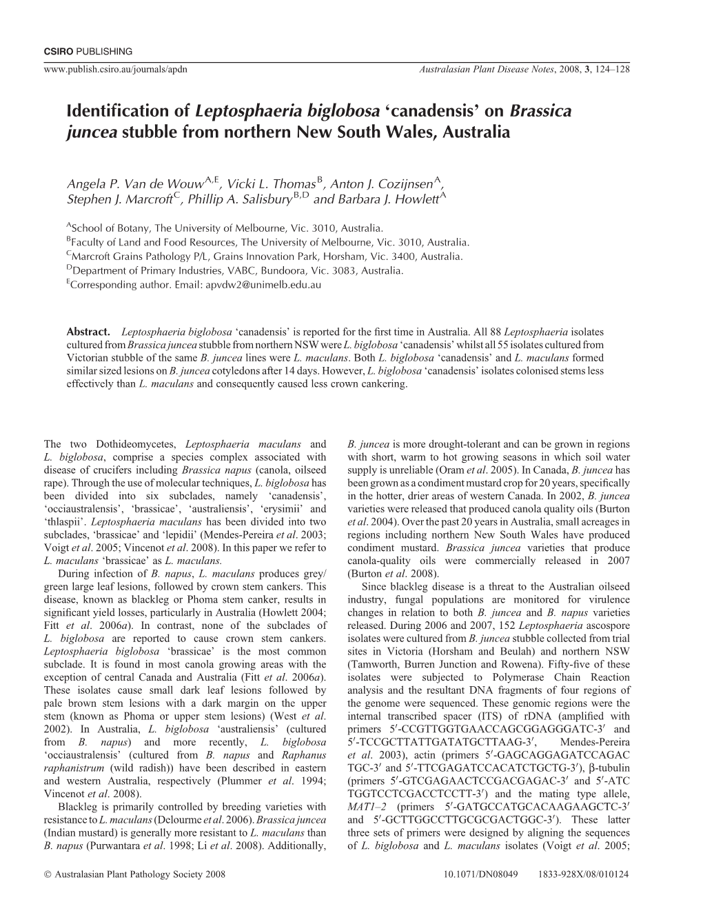 Identification of Leptosphaeria Biglobosa 'Canadensis' on Brassica