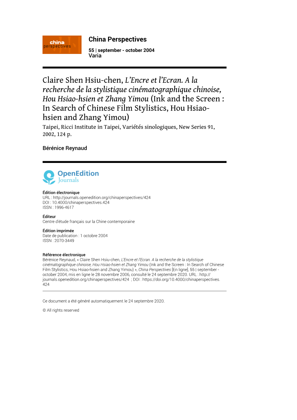China Perspectives, 55 | September - October 2004 Claire Shen Hsiu-Chen, L’Encre Et L’Ecran