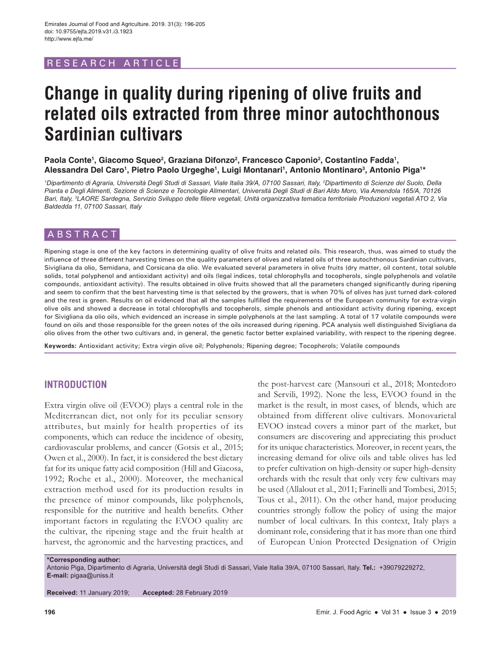Change in Quality During Ripening of Olive Fruits and Related Oils Extracted from Three Minor Autochthonous Sardinian Cultivars