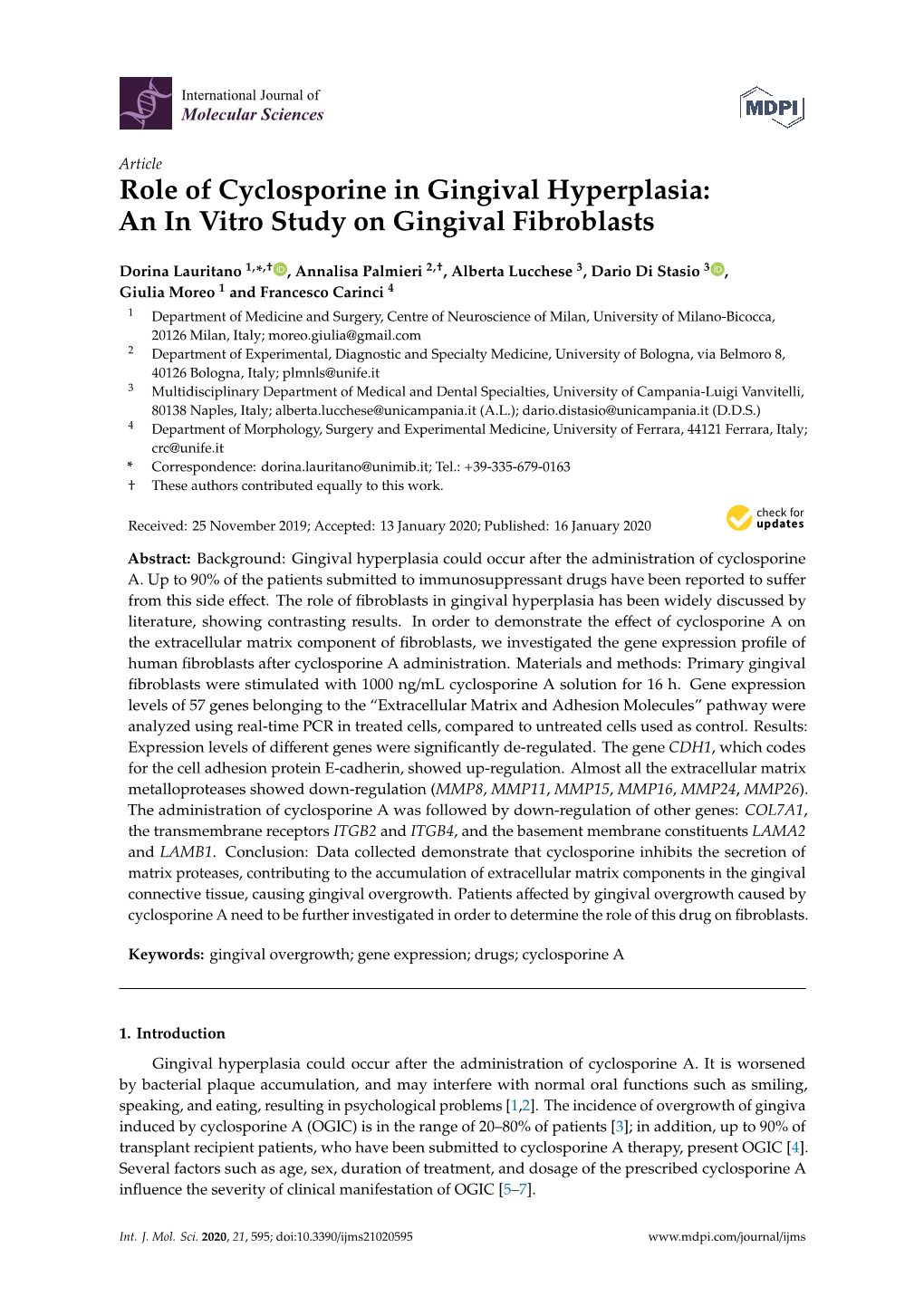 Role of Cyclosporine in Gingival Hyperplasia: an in Vitro Study on Gingival Fibroblasts