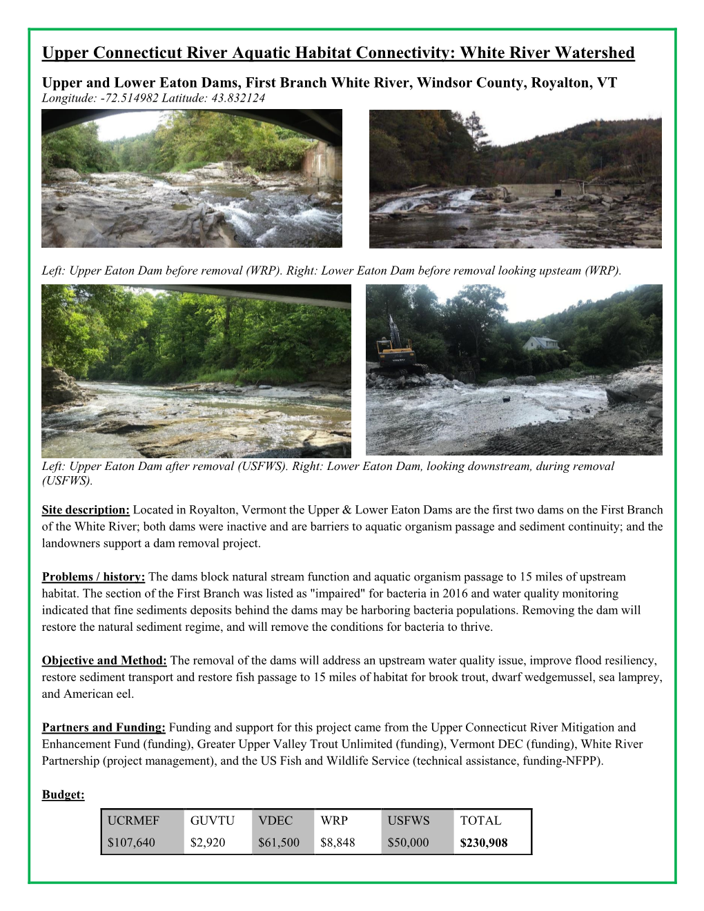 Upper Connecticut River Aquatic Habitat Connectivity: White River Watershed