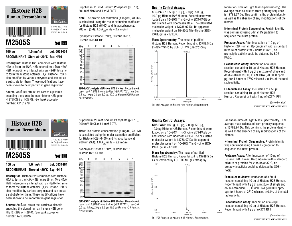 Datasheet for Histone H2B Human, Recombinant (M2505; Lot 0031404)