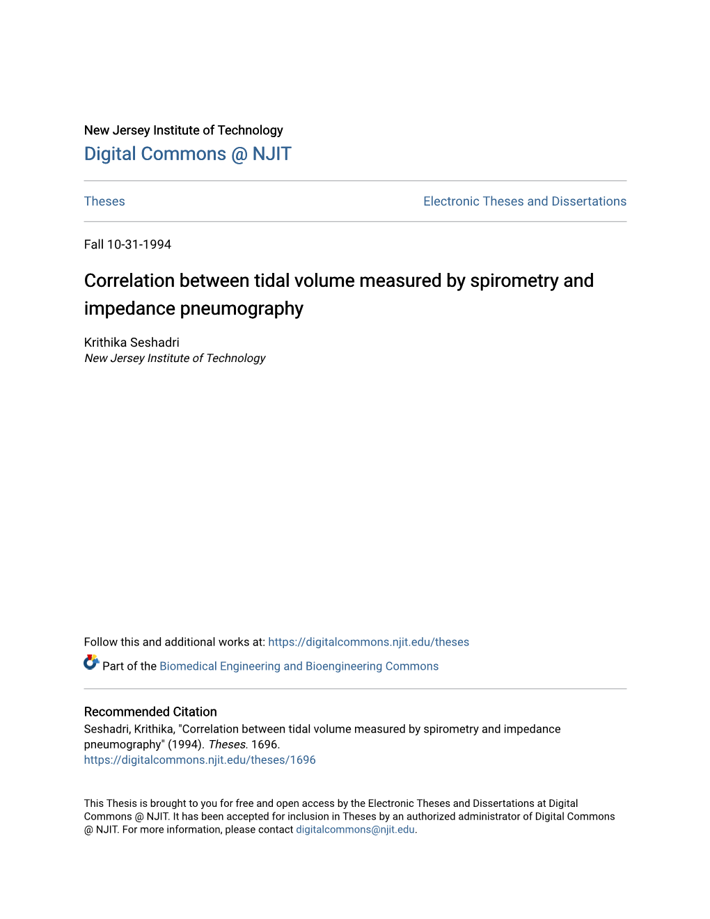 Correlation Between Tidal Volume Measured by Spirometry and Impedance Pneumography