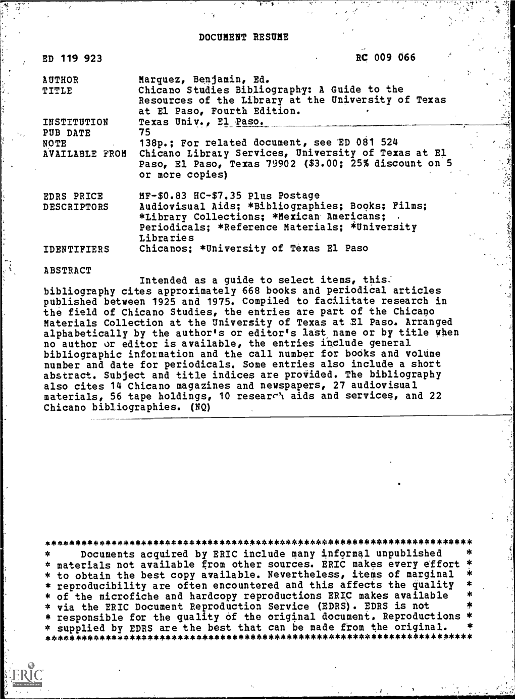 DOCUMENT RESUME Chicano Studies Bibliography