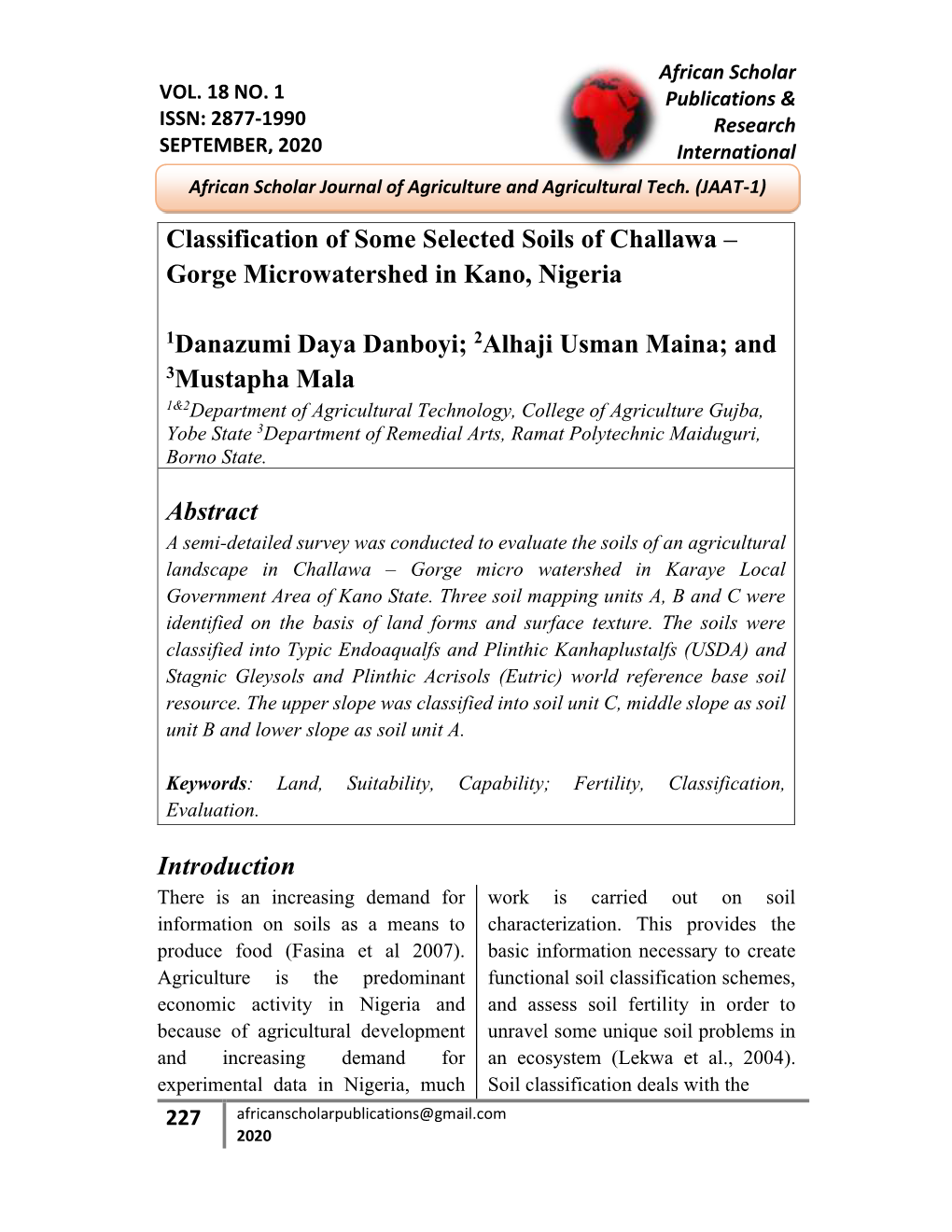 Introduction Classification of Some Selected Soils of Challawa – Gorge