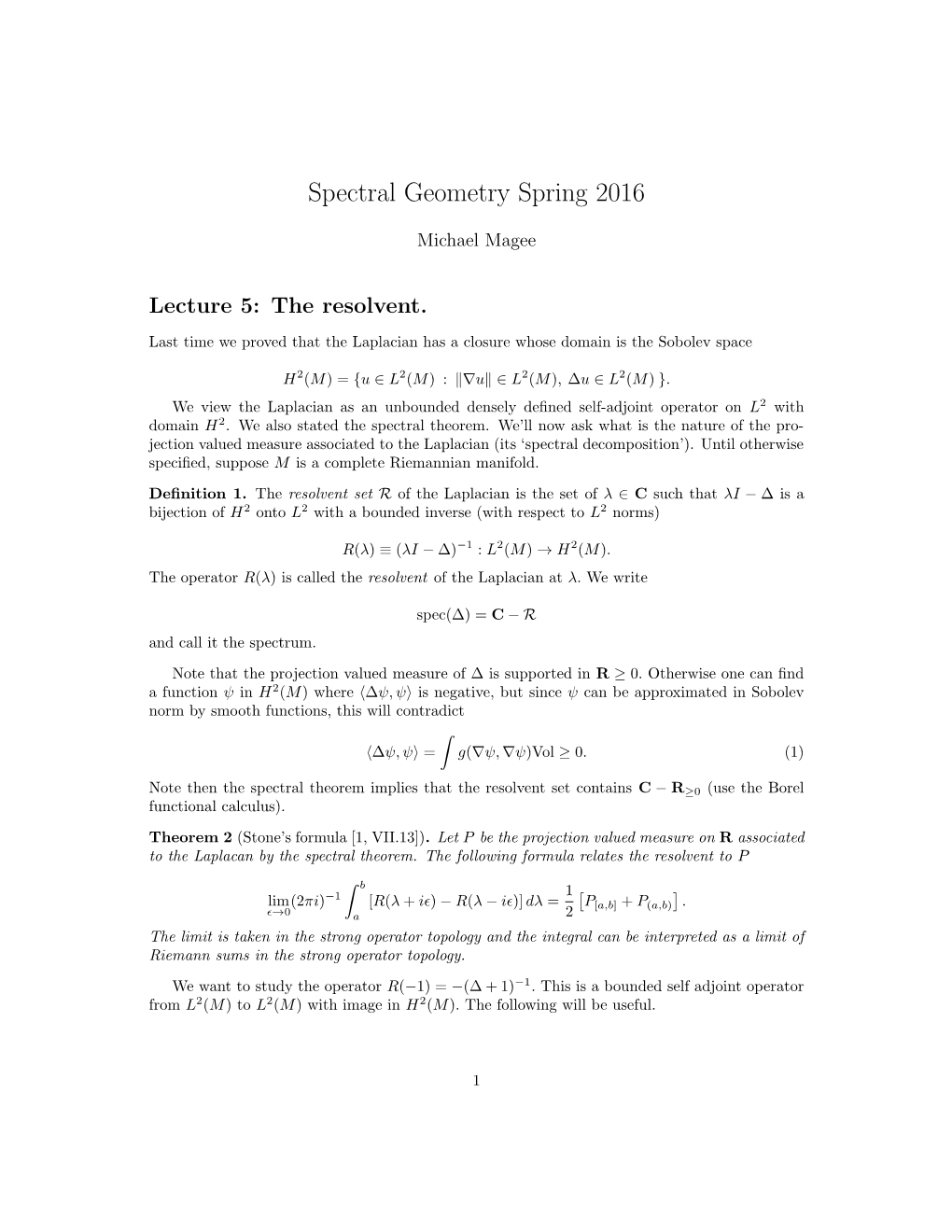 Spectral Geometry Spring 2016