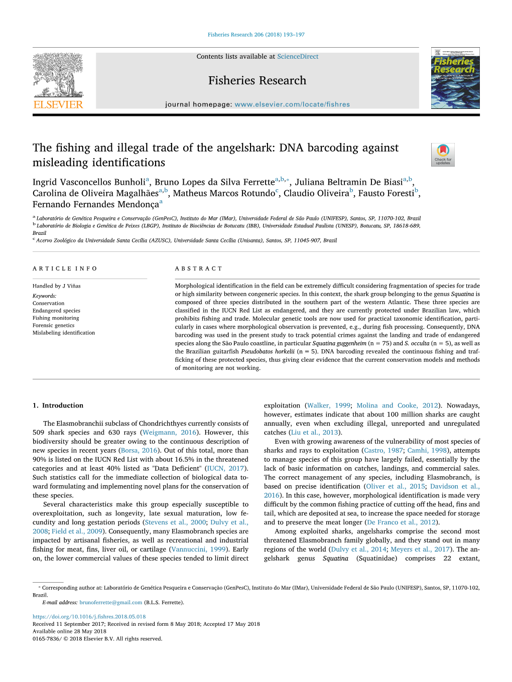 The Fishing and Illegal Trade of the Angelshark DNA Barcoding