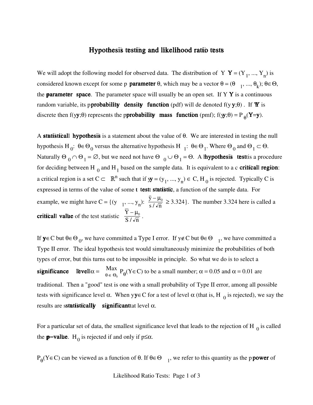 Hypothesis Testing and Likelihood Ratio Tests