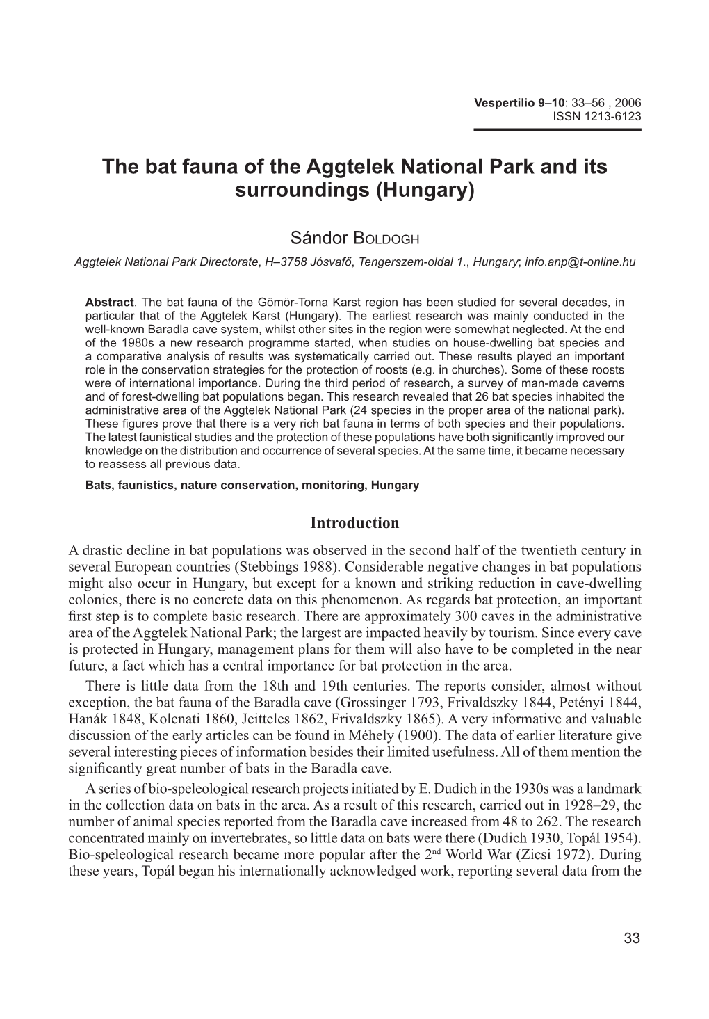 The Bat Fauna of the Aggtelek National Park and Its Surroundings (Hungary)