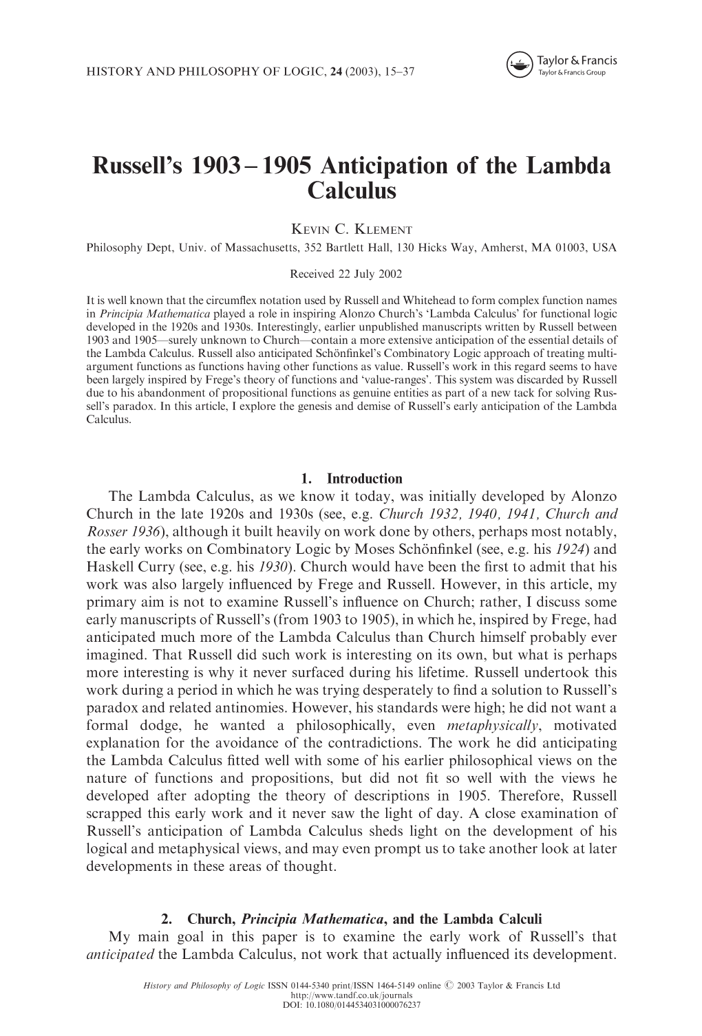 Russell's 1903 – 1905 Anticipation of the Lambda Calculus