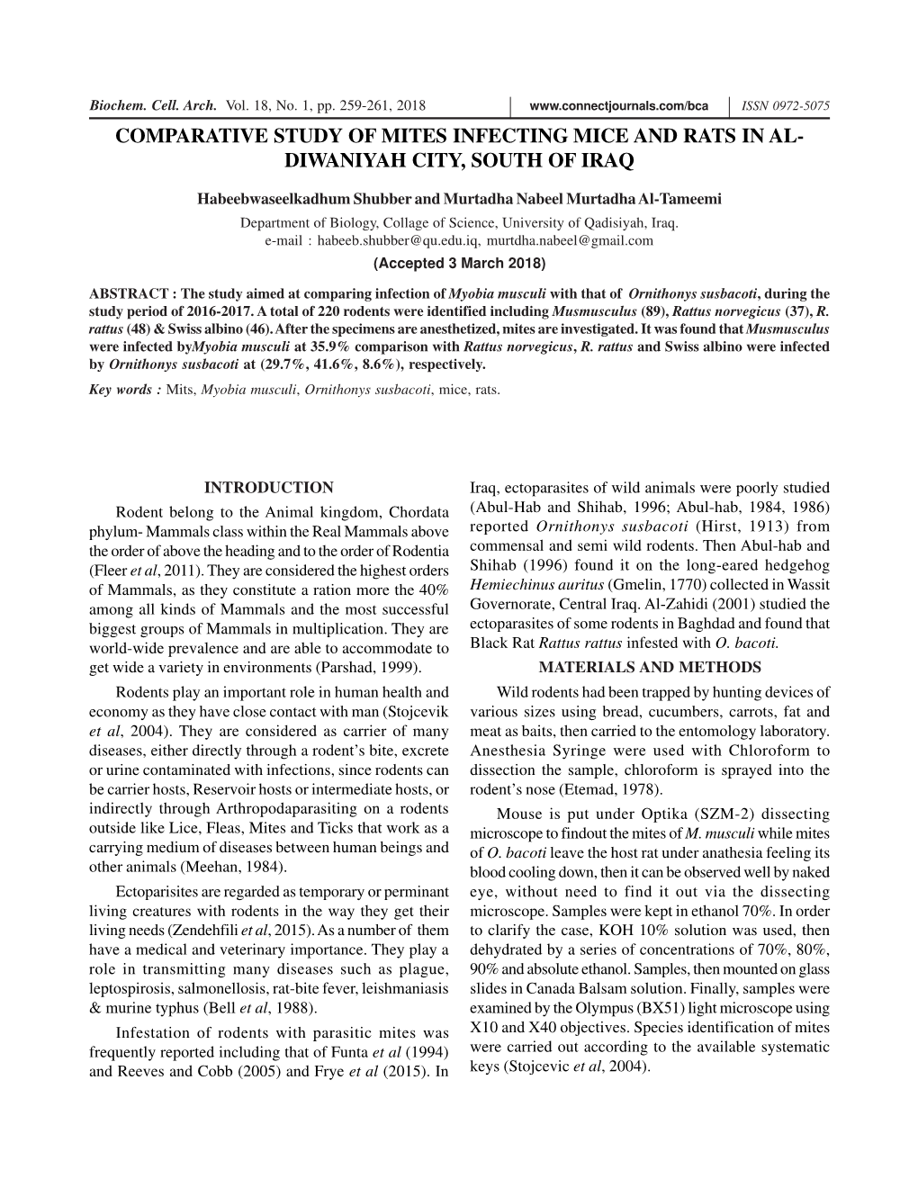 Comparative Study of Mites Infecting Mice and Rats in Al- Diwaniyah City, South of Iraq