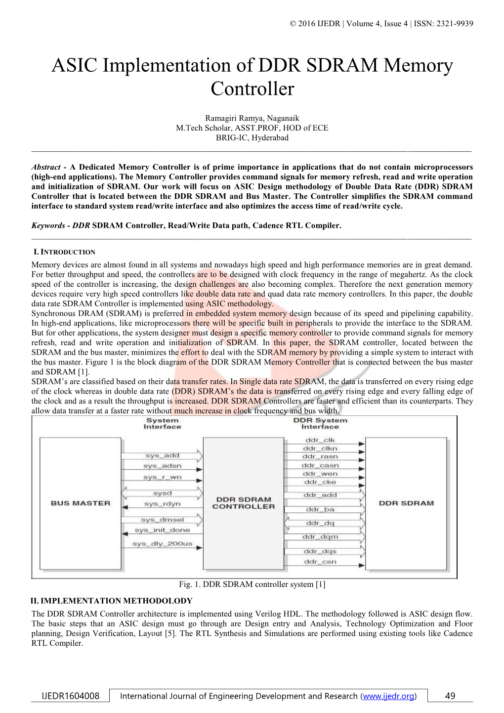 ASIC Implementation of DDR SDRAM Memory Controller