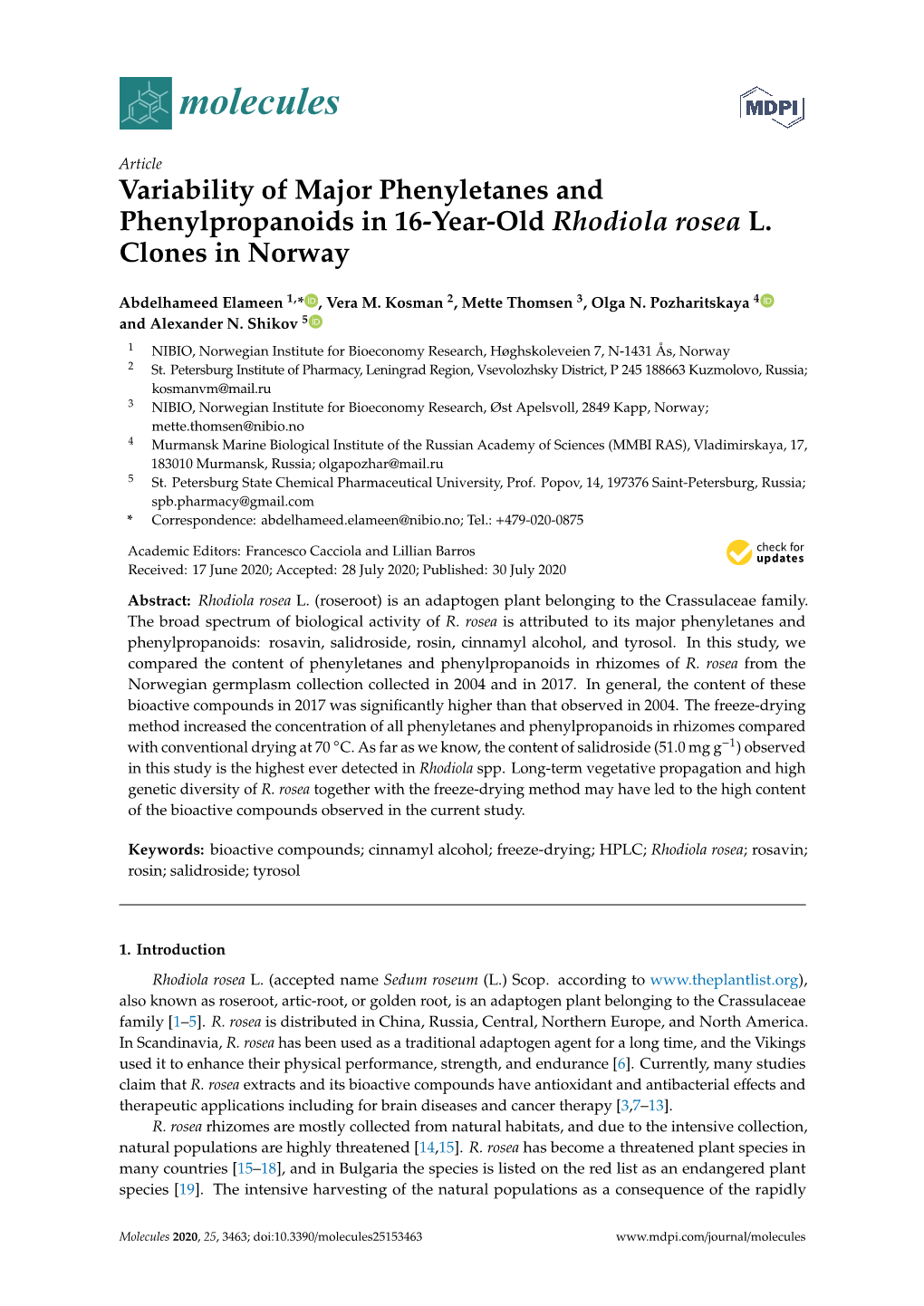 Variability of Major Phenyletanes and Phenylpropanoids in 16-Year-Old Rhodiola Rosea L