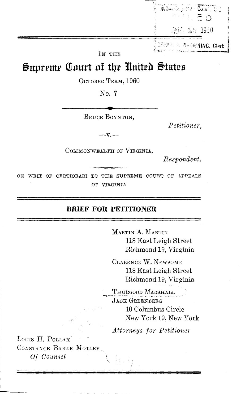 THURGOOD MARSHALL JACK GREENBERG 10 Columbus Circle New York 19, New York Attorneys for Petitioner LOUIS H