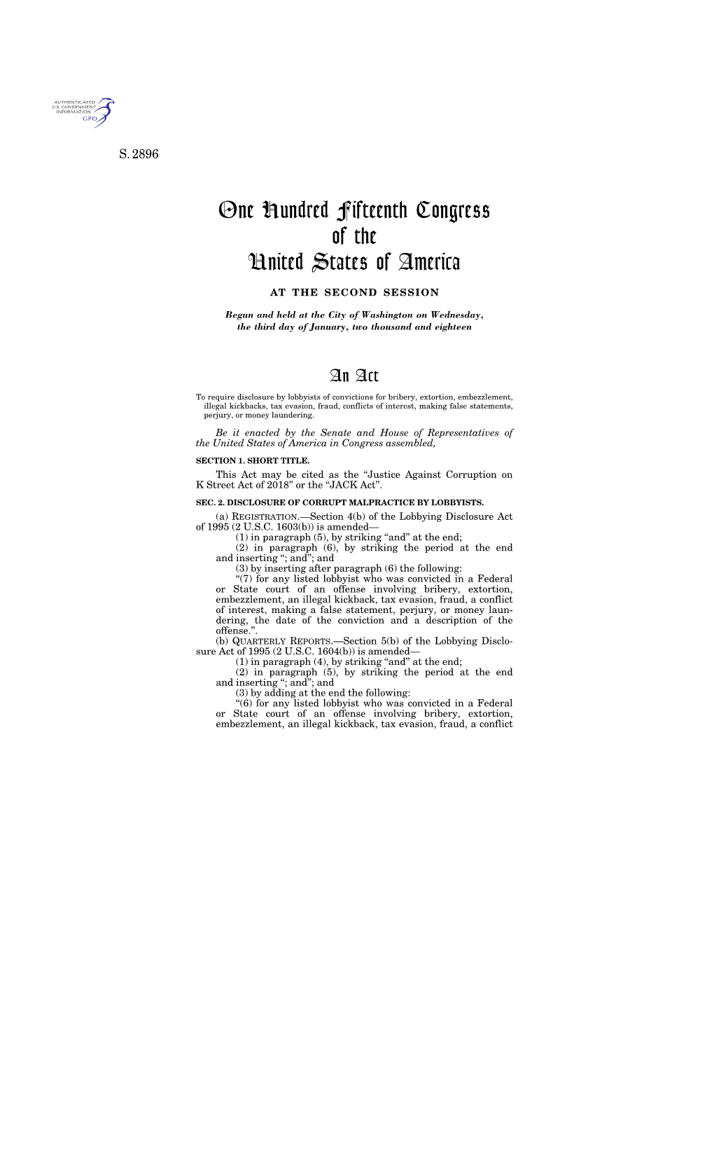 One Hundred Fifteenth Congress of the United States of America