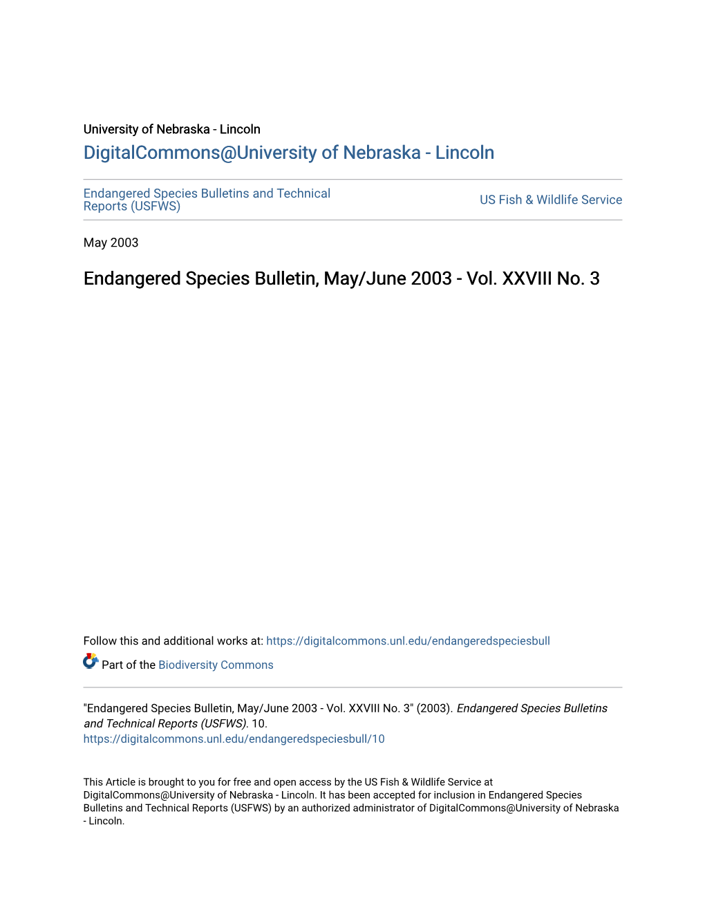Endangered Species Bulletin, May/June 2003 - Vol