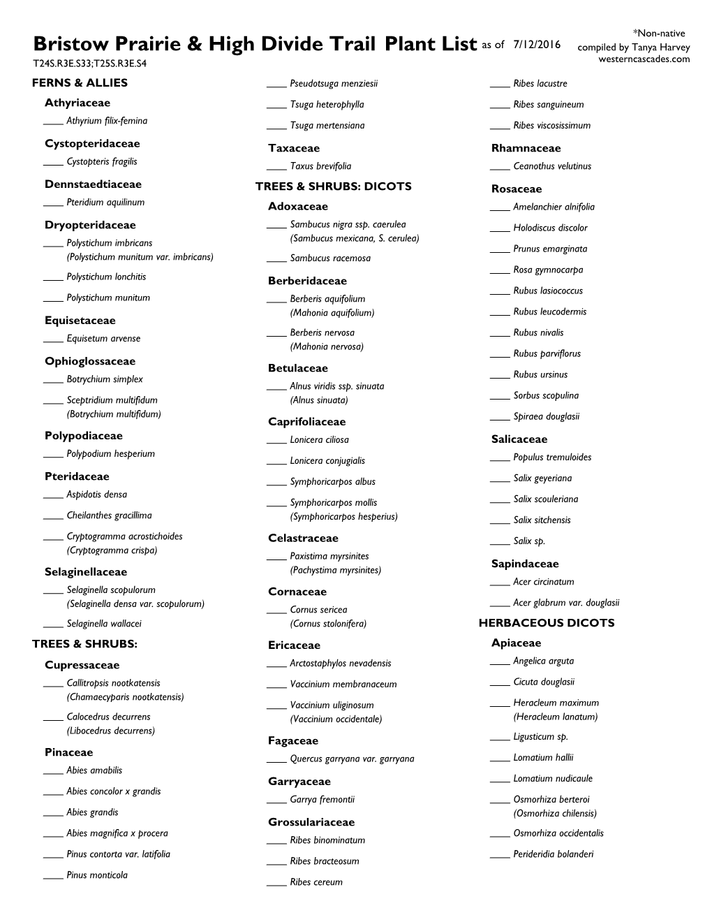 Plant List Bristow Prairie & High Divide Trail