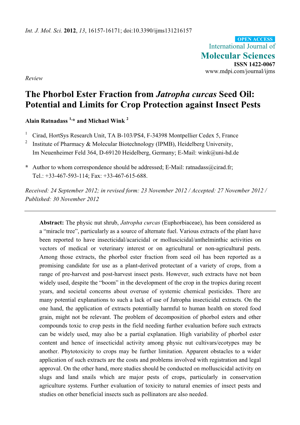 The Phorbol Ester Fraction from Jatropha Curcas Seed Oil: Potential and Limits for Crop Protection Against Insect Pests