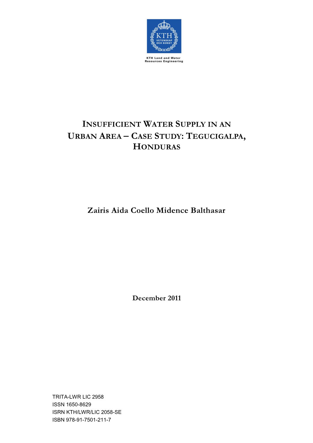 Insufficient Water Supply in an Urban Area  Case Study: Tegucigalpa, Honduras