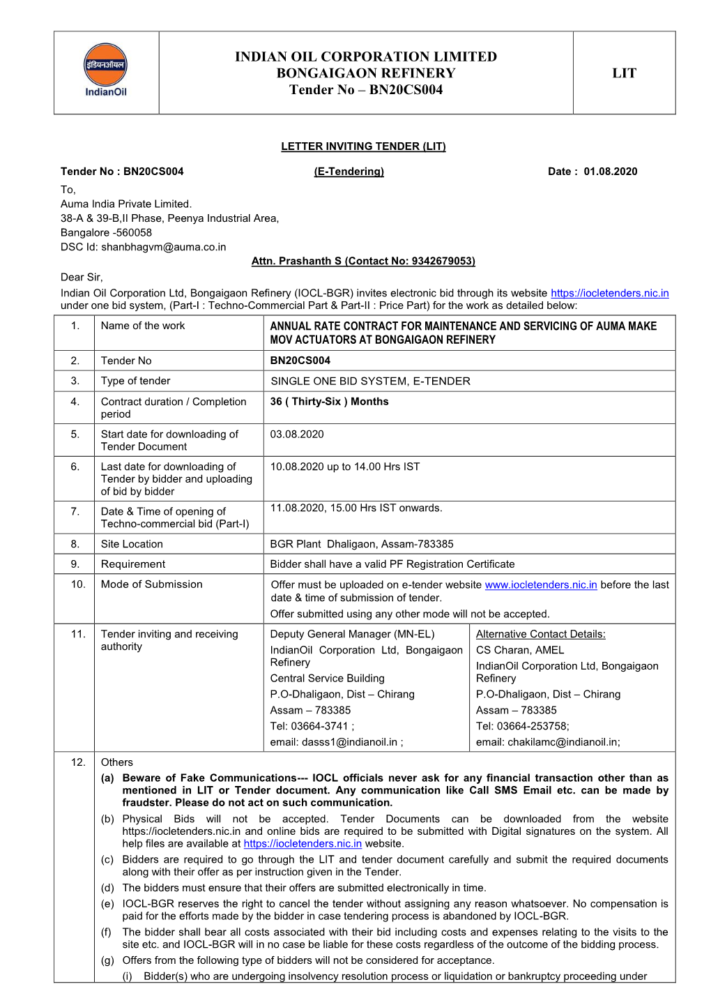 INDIAN OIL CORPORATION LIMITED BONGAIGAON REFINERY Tender No