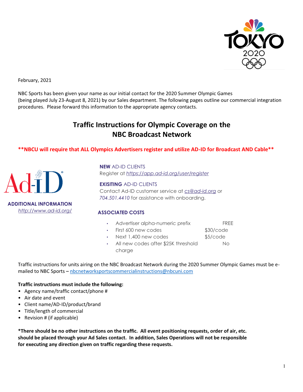 Traffic Instructions for Olympic Coverage on the NBC Broadcast Network