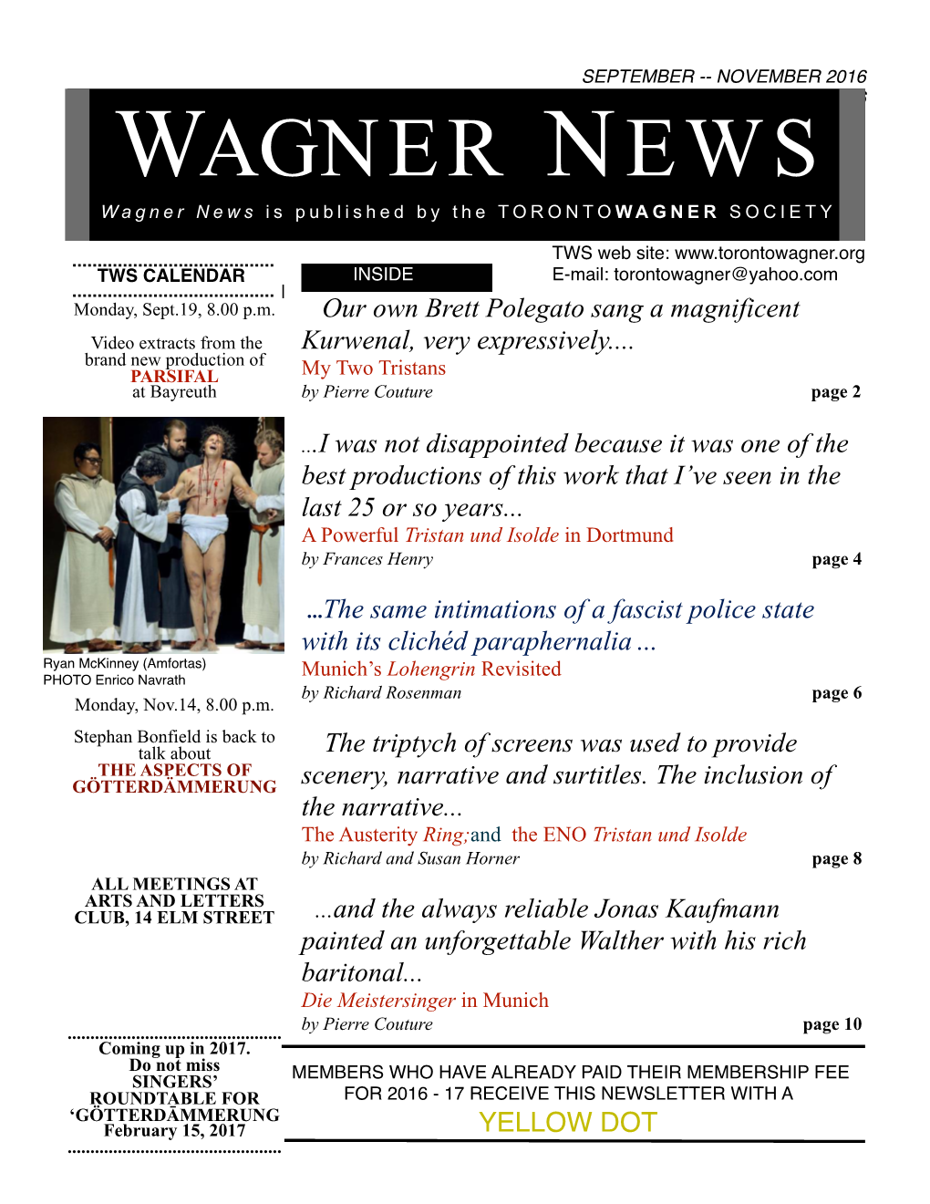 WAGNER NEWS Wagner News Is Published by the TORONTOWAGNER SOCIETY