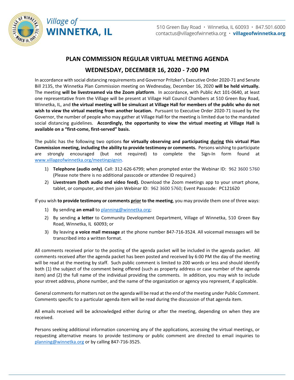 Plan Commission Regular Virtual Meeting Agenda Wednesday