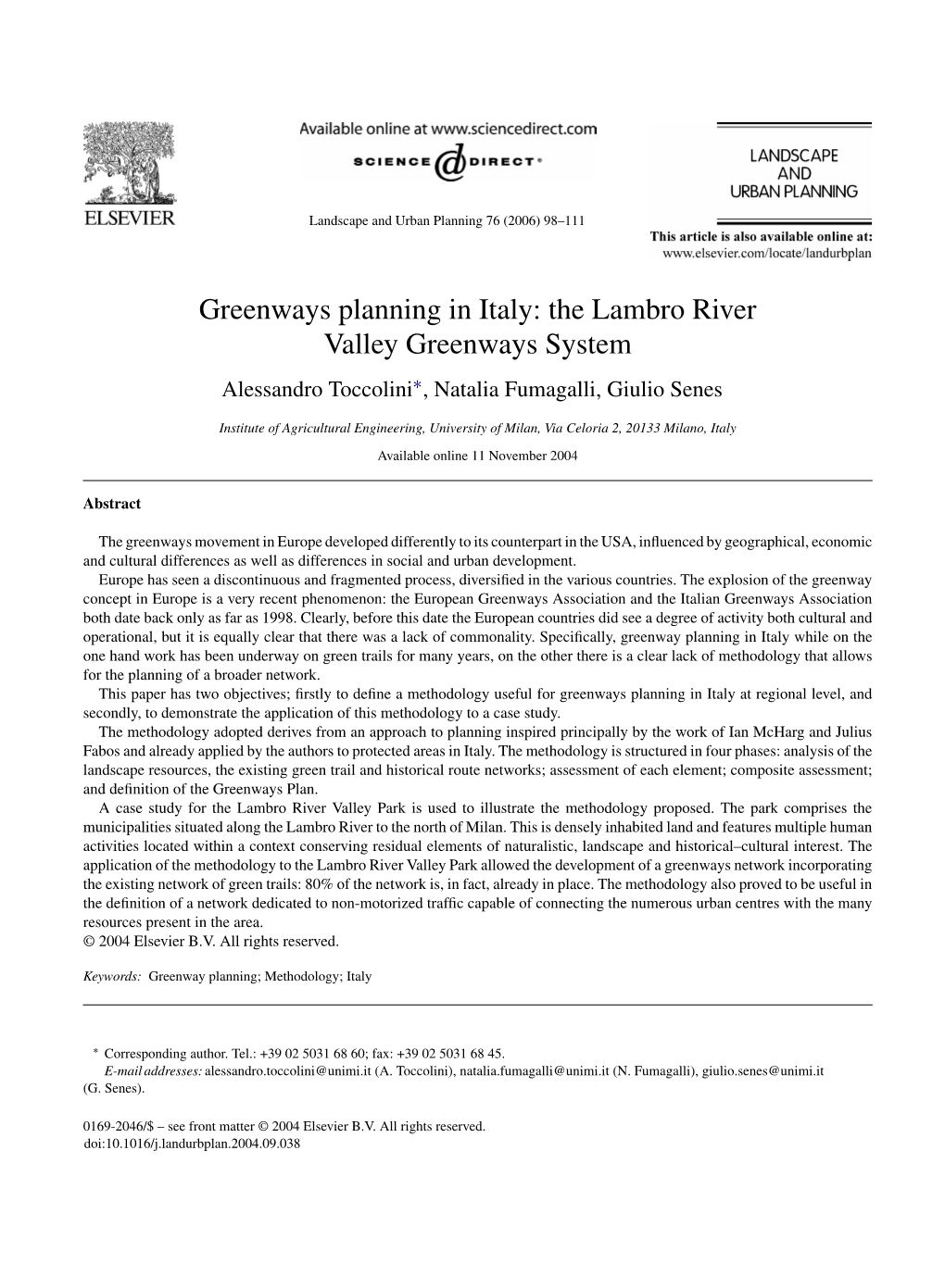 The Lambro River Valley Greenways System Alessandro Toccolini∗, Natalia Fumagalli, Giulio Senes