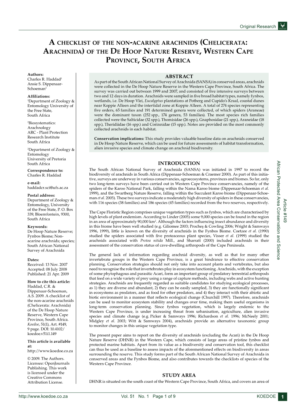 A Checklist of the Non -Acarine Arachnids