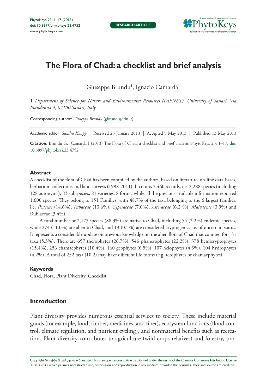 The Flora of Chad: a Checklist and Brief Analysis 1 Doi: 10.3897/Phytokeys.23.4752 Research Article Launched to Accelerate Biodiversity Research