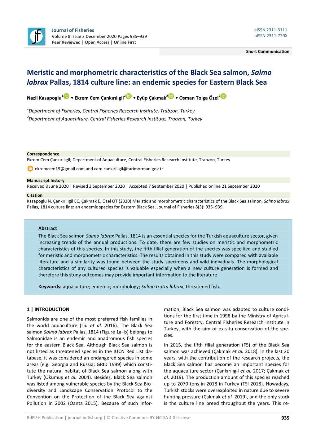 Meristic and Morphometric Characteristics of the Black Sea Salmon, Salmo Labrax Pallas, 1814 Culture Line: an Endemic Species for Eastern Black Sea