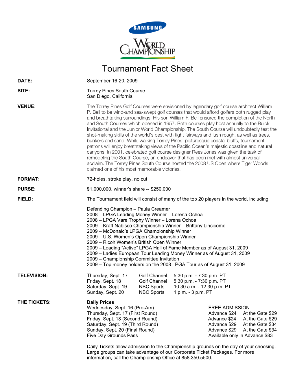 Tournament Fact Sheet